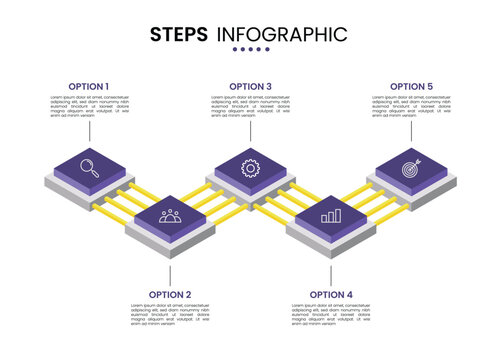 5 step connected chip circuit technology isometric infographic elements for presentation template design