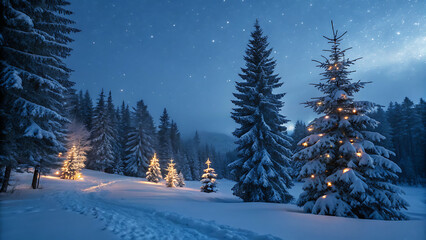 A serene winter wonderland scene featuring snowcovered fir trees illuminated with warm lights under a starry night sky, evoking a magical christmas atmosphere