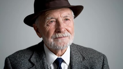 Elderly Man Wearing a Tweed Suit and Fedora Hat with a Thoughtful Expression Studio Portrait - Powered by Adobe