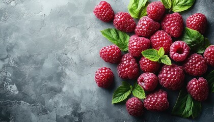 Fresh raspberries and mint leaves on gray stone background, with copy space. Perfect for healthy eating, dessert menus, or natural food promotions.