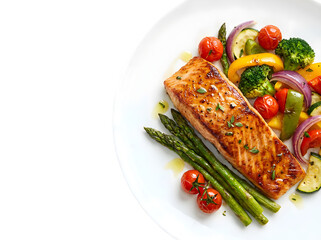 Delicious Grilled Salmon Fillet Served with Colorful Vegetables On a White Plate