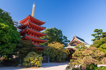 Tochoji Temple in early autumn against blue sky, Fukuoka