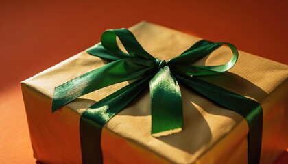 Wrapped gift box with green ribbon bow on orange background.