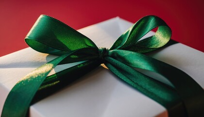 Elegant Gift Box with Green Ribbon and Festive Red Background.
