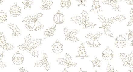 Festive Holiday Pattern Christmas Baubles, Bells, and Holly on a White Background for Holiday Designs