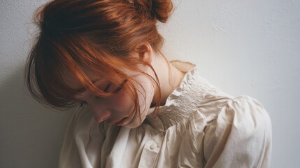 The young woman with red hair sits quietly dressed in a white blouse. Soft light highlights her features as she gazes downward lost in thought. The scene conveys a feeling of calmness.