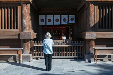 Japanese woman sacred Hakozaki Shrine main hall, Fukuoka