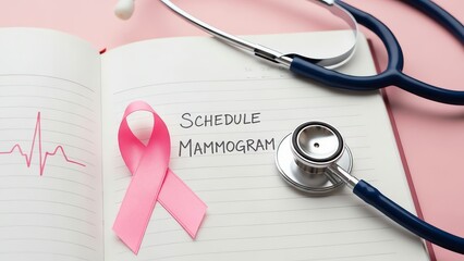 Mammogram reminder with stethoscope and ribbon