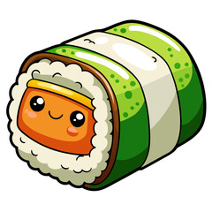 Cute kawaii sushi roll with smiling face and green avocado topping