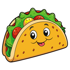Happy cartoon taco character with lettuce tomatoes and cheese