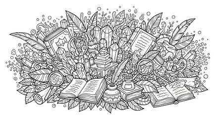 Intricate line art featuring books, crystals, and nature elements in a whimsical arrangement