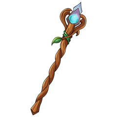 Enchanted wooden staff with glowing gemstone and leafy accents