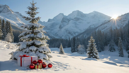 A snowy christmas scene with a decorated tree, presents, and ornaments in a winter wonderland with snowcapped mountains and a bright sun shining through the trees