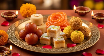 Assorted sweets arranged on a decorative platter with candles and flowers