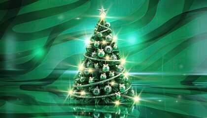 Festive Christmas Tree with Ornaments and Lights on Green Background.
