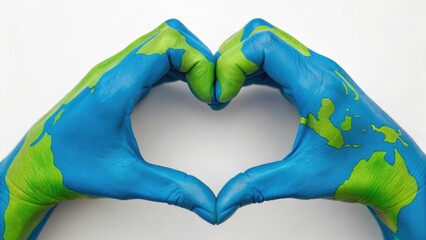 Blue hands painted like a globe forming a heart shape, symbolizing love for the Earth and environmental awareness.