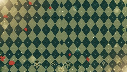 Geometric diamond pattern with festive holiday elements and subtle bokeh.