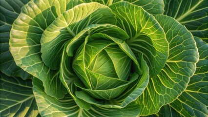 Obraz premium Close-up of a fresh, green cabbage with intricate leaf patterns and a vibrant appearance, showcasing its natural beauty.