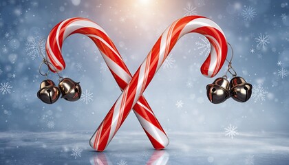 Festive Candy Canes with Jingle Bells on Snowy Background.