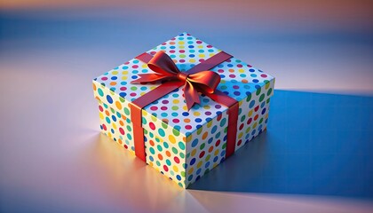 Colorful Gift Box with Red Ribbon on Blue Surface.