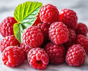 Pile of fresh, ripe raspberries with a vibrant green leaf detail. Use for advertising healthy food or summer fruit concepts.