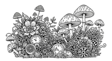 Intricate black and white illustration of mushrooms and flowers with whimsical details and patterns