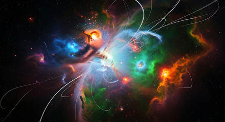 Colorful cosmic nebula with glowing gas and dynamic light trails