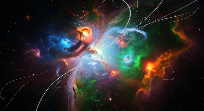 Colorful cosmic nebula with glowing gas and dynamic light trails