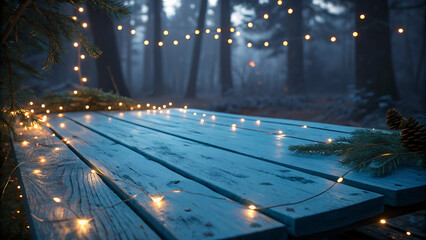 A rustic wooden table adorned with delicate fairy lights, creating a magical ambiance in the misty forest, evoking a sense of wonder and tranquility