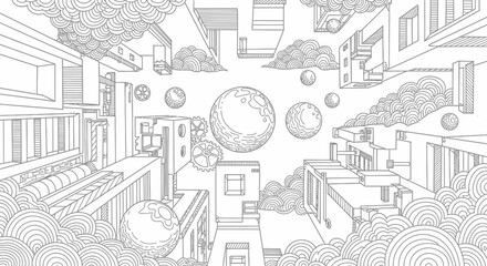 Abstract illustration of a futuristic cityscape with planets and clouds in a whimsical style