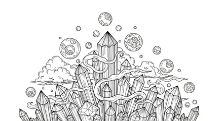 Intricate illustration of crystals surrounded by celestial bodies and clouds, evoking a mystical atmosphere