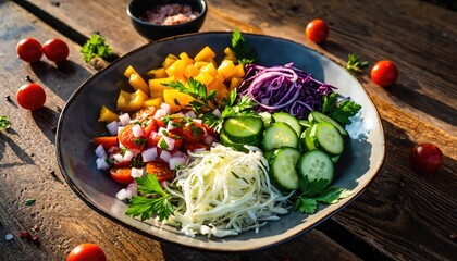 Colorful and Fresh Salad Bowl with Various Vegetables on Wooden Table.