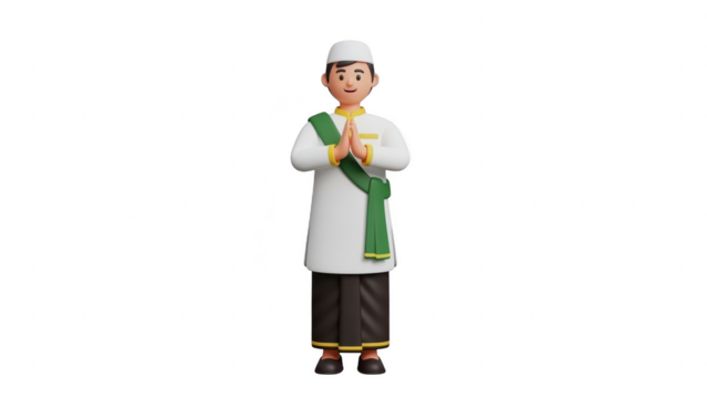 3d cartoon character of a young muslim man wearing traditional white clothing and a green sash, greeting with folded hands, isolated on transparent background