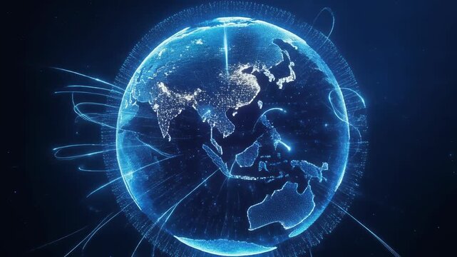 Abstract visualization of Earth showing global continents outlined by glowing blue digital lines representing worldwide technology connectivity and data networks