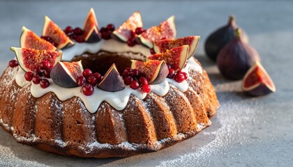 Delicious Bundt Cake with Fresh Figs and Berries on a Gray Surface.