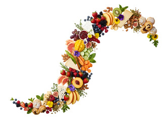 A Colorful and Bountiful Display of Fresh Fruits and Gourmet Cheeses Artfully Arranged on a Rustic Wooden Table