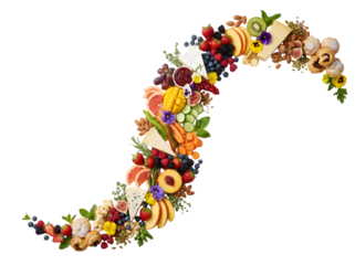 A Colorful and Bountiful Display of Fresh Fruits and Gourmet Cheeses Artfully Arranged on a Rustic Wooden Table