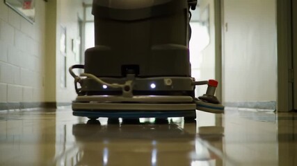 Dedicated custodian polishing school hallway with modern floor cleaner for spotless shine a clean and safe learning environment for students