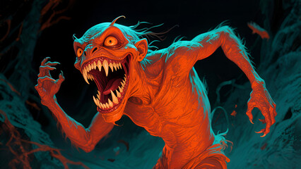 A terrifying monster with sharp teeth and glowing eyes lunges forward in a dark, eerie setting, perfect for horror or Halloween-themed projects.