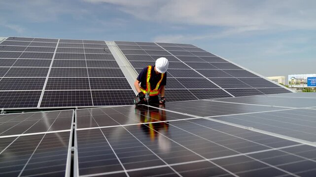 Professional who installs solar energy systems,  procuring equipment, and performing the physical installation of solar panels on roofs. 