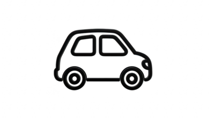 Simple black and white line icon of a small car or automobile viewed from the side, isolated on transparent background
