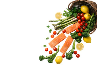 Vibrant Salmon and Fresh Vegetables Spread with Citrus Accents on a Rustic Background