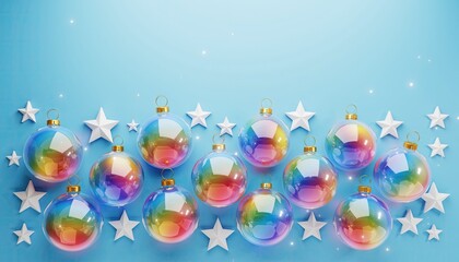 Colorful Christmas ornaments and stars on a blue background.