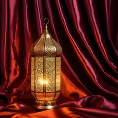 Ornate Golden Arabic Lantern on Maroon Silk Fabric | Warm Traditional Glow
