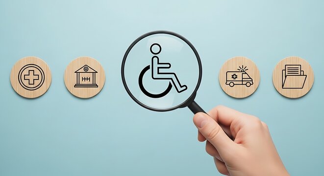 Magnifying glass focusing on disability icon with medical symbols around