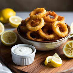 Crispy Fried Calamari Rings with Lemon and Dipping Sauce | Rustic Food Photography