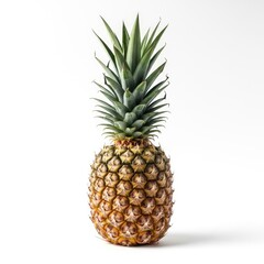 Fototapeta premium Vibrant and juicy whole pineapple with spiky green leaves and golden-brown textured skin, standing upright on a clean white background, showcasing its fresh tropical essence
