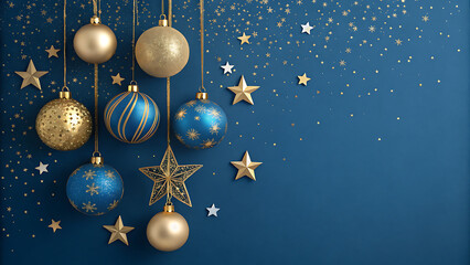 A festive arrangement of gold and blue christmas ornaments and stars hanging against a dark blue background, creating a celebratory holiday atmosphere