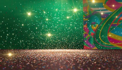 Festive Green Backdrop with Confetti and Glittering Lights.