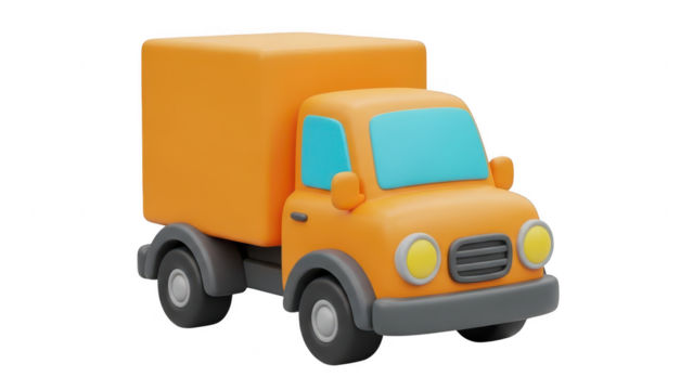 Cute 3d rendering of an orange delivery truck with a large cargo box, isolated on transparent background